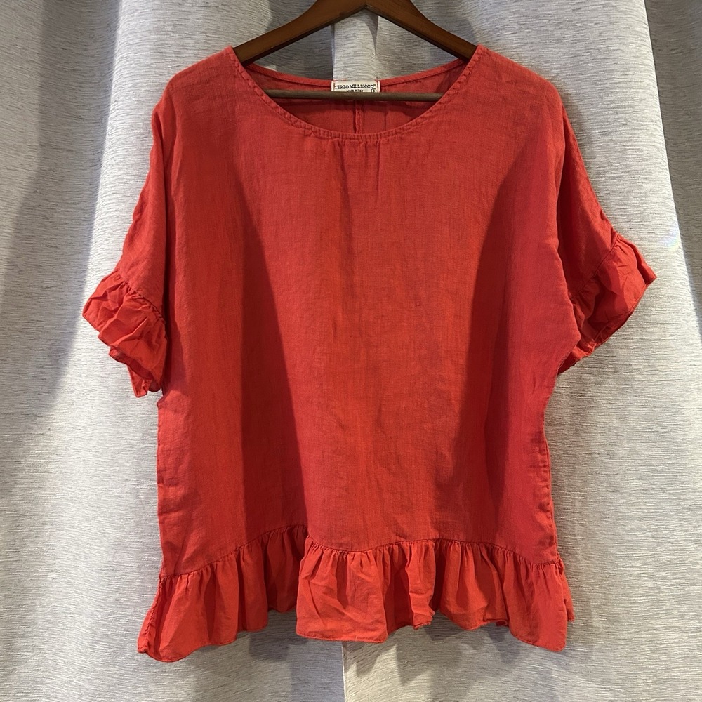 Terzo Millennio‎ Top Womens Small 100% Linen Italian High Low Back Button Red